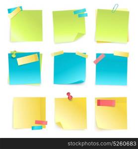 Sticky Notes Set. Set of colored isolated sticky notes with paper clip and adhesive tape isolated on white background realistic vector illustration