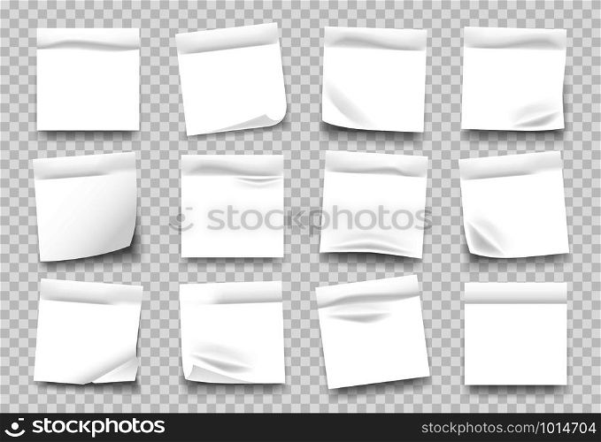 Sticky notes. White notepad sheets with crumpled edges, memos and reminders isolated on transparent background. Vector illustration blank adhesive paper page with shadow for message set. Sticky notes. White notepad sheets with crumpled edges, memos and reminders isolated on transparent background. Vector set