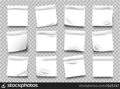 Sticky notes. White notepad sheets with crumpled edges, memos and reminders isolated on transparent background. Vector illustration blank adhesive paper page with shadow for message set. Sticky notes. White notepad sheets with crumpled edges, memos and reminders isolated on transparent background. Vector set