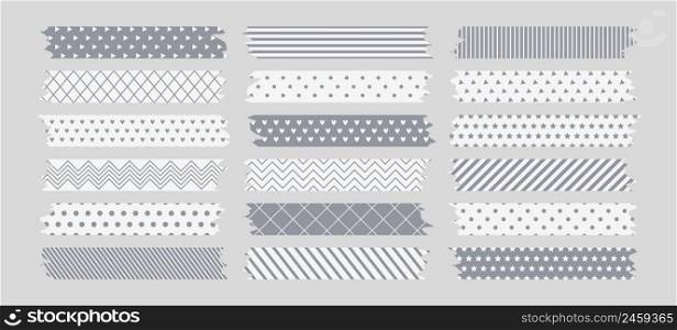 Sticky washi tapes with torn edges. Collection of white and gray ribbons with abstract geometric patterns. Scrapbooking vector illustration.. Sticky washi tapes with torn edges. Collection of white and gray ribbons with abstract geometric patterns.