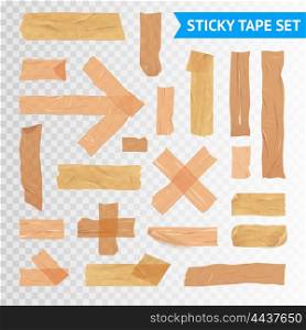 StickyTape Strips Set Transparent Background. Adhesive sticky sealing duck tape strips various applications icons collection with transparent background realistic vector illustration