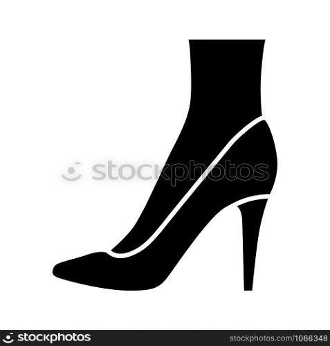 Stiletto shoes glyph icon. Woman stylish formal footwear design. Female casual stacked high heels, luxury modern pumps. Silhouette symbol. Negative space. Vector isolated illustration