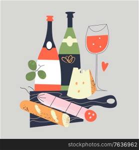 Still-life. Bread, grapes, salami, cheese on a black cutting Board. Several bottles of wine and a glass of red wine. Vector illustration in a flat style on a gray background.. Still-life. Bread, salami, cheese on a black chopping Board. A few bottles of wine and a glass of red wine. Vector illustration in a flat style on a gray background.
