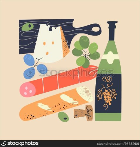 Still life enclosed in the shape of a rectangle. Wine, sausage, grapes, bread and cheese on a black cutting Board. Vector illustration in a flat hand drawn style.. Still life of the correct geometric shape. Wine, cheese, grapes, bread and sausage. Vector illustration.