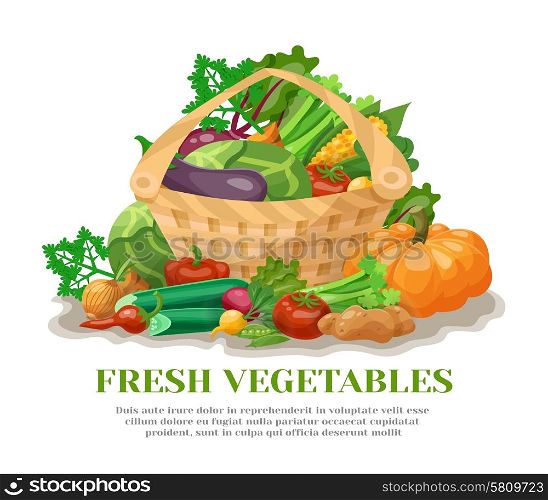 Still life with basket full of fresh natural vegetables flat vector illustration. Vegetables Basket Still Life