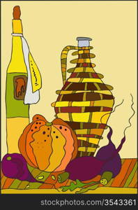 Still-life with bottles, a pumpkin and a beet