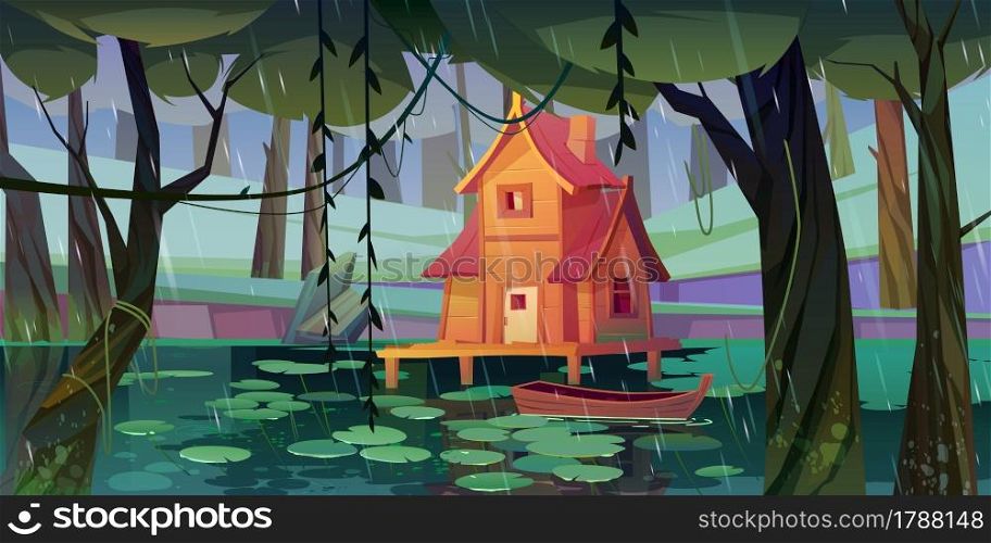Stilt house at forest swamp with moored wooden boat. Old shack on piles in fantasy wood, witch hut at rainy day background, mystic nature landscape with marsh pond, Cartoon vector illustration. Stilt house at forest swamp with wooden boat.