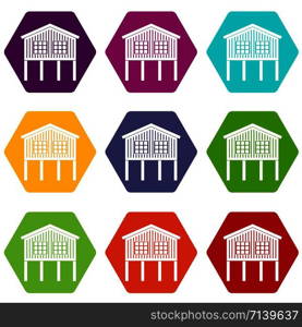 Stilt house icons 9 set coloful isolated on white for web. Stilt house icons set 9 vector