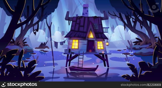 Stilt house in sw&with boat at night. Marsh landscape with old hut in moonlight. Vector cartoon illustration of wooden house with glow windows in wild rain forest with lake, pond or bog. Stilt house in sw&with boat at night