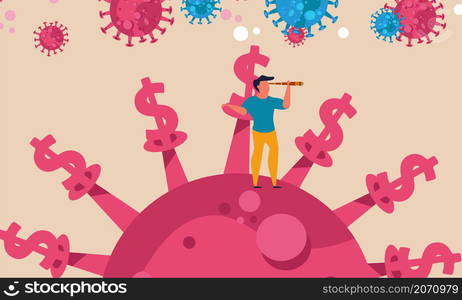 Stimulation of money for a company of entrepreneurs. A man stands on the virus and looks to the future vector illustration. Helping people business from the reserve during the pandemic crisis.