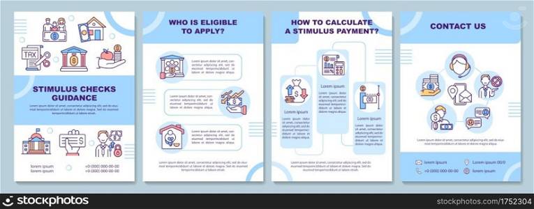 Stimulus checks guidance brochure template. Eligible to apply. Flyer, booklet, leaflet print, cover design with linear icons. Vector layouts for magazines, annual reports, advertising posters. Stimulus checks guidance brochure template