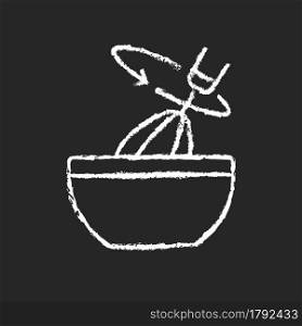 Stir cooking ingredient chalk white icon on dark background. Whisking in bowl as recipe step. Whipped cream blend. Cooking instruction. Isolated vector chalkboard illustration on black. Stir cooking ingredient chalk white icon on dark background