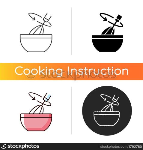 Stir cooking ingredient icon. Whisking in bowl as recipe step. Whipped cream blend. Cooking instruction. Food preparation process. Linear black and RGB color styles. Isolated vector illustrations. Stir cooking ingredient icon