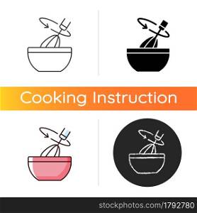 Stir cooking ingredient icon. Whisking in bowl as recipe step. Whipped cream blend. Cooking instruction. Food preparation process. Linear black and RGB color styles. Isolated vector illustrations. Stir cooking ingredient icon