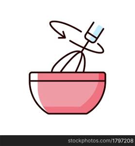 Stir cooking ingredient RGB color icon. Whisking in bowl as recipe step. Whipped cream blend. Cooking instruction. Food preparation process. Isolated vector illustration. Simple filled line drawing. Stir cooking ingredient RGB color icon