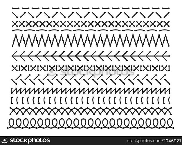 Stitched lines. Different types decorative seams, embroidery rows. Black stitches, crosses and loops, monochrome sewing borders, textile and fabric decoration, vector isolated on white background set. Stitched lines. Different types decorative seams, embroidery rows. Black stitches, crosses and loops, monochrome sewing borders, textile and fabric decoration, vector isolated set