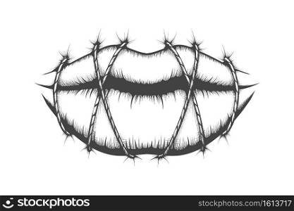 Stitched Lips drawn in Tattoo style. Silence concept. Vector illustration.