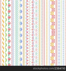Stitched seamless borders. Embroidery stripes, geometric and floral stitches. Sew fabric lines, decorative thread embroidered. Tailor nowaday vector set. Illustration of sewing thread texture. Stitched seamless borders. Embroidery stripes, geometric and floral stitches. Sew fabric lines, decorative thread embroidered. Tailor nowaday vector set