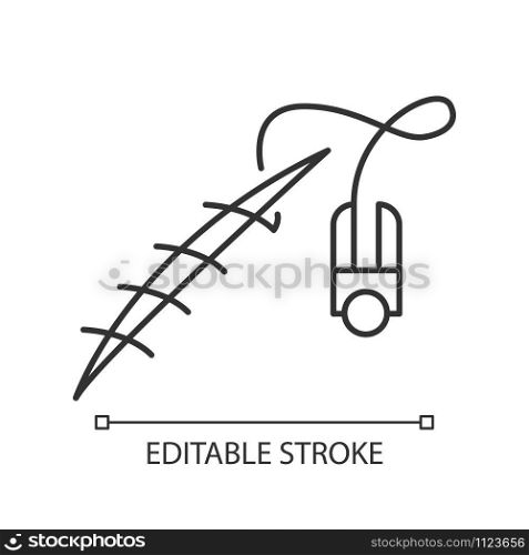 Stitching linear icon. Suture device. Medical procedure. Wound treatment. First aid. Open cut and gash. Thin line illustration. Contour symbol. Vector isolated outline drawing. Editable stroke