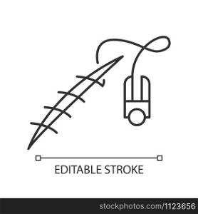 Stitching linear icon. Suture device. Medical procedure. Wound treatment. First aid. Open cut and gash. Thin line illustration. Contour symbol. Vector isolated outline drawing. Editable stroke