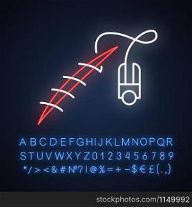 Stitching neon light icon. Suture device. Medical surgical procedure. Wound treatment. First aid. Injury. Health care. Glowing sign with alphabet, numbers and symbols. Vector isolated illustration