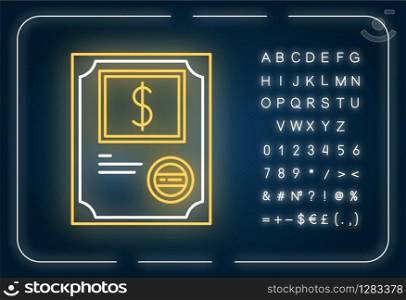 Stock certificate neon light icon. Corporate law. Share ownership. Notary services. Investment. Outer glowing effect. Sign with alphabet, numbers and symbols. Vector isolated RGB color illustration