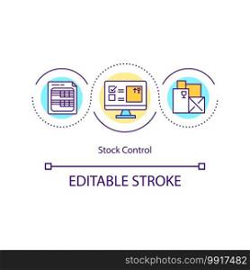 Stock control concept icon. Inventory organization. Logistic optimization. Supply check. Storehouse management idea thin line illustration. Vector isolated outline RGB color drawing. Editable stroke. Stock control concept icon