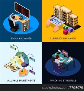 Stock exchange 2x2 design concept with tracking statistics valuable investment currency exchange square icons isometric vector illustration . Stock Exchange 2x2 Design Concept 