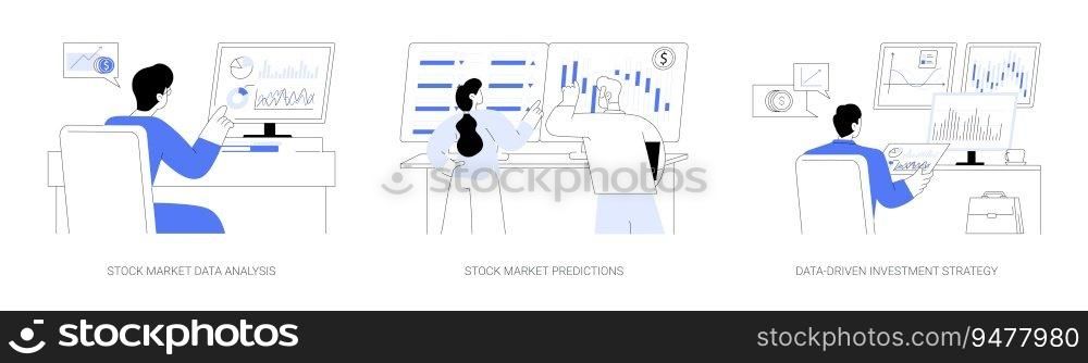 Stock exchange abstract concept vector illustration set. Stock market data analysis and predictions, data-driven money investment strategy, financial growth, getting income abstract metaphor.. Stock exchange abstract concept vector illustrations.