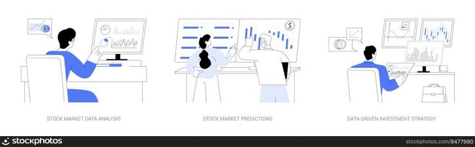 Stock exchange abstract concept vector illustration set. Stock market data analysis and predictions, data-driven money investment strategy, financial growth, getting income abstract metaphor.. Stock exchange abstract concept vector illustrations.