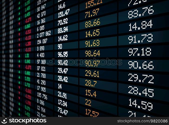 Stock exchange board display. Market indexes, graph, charts. Global market data numbers, broker rates or indexes wall display, banking chart screen vector background or stock exchange shares prices. Stock exchange board display, market indexes chart