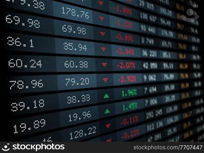 Stock exchange board with market index, vector graphs and charts. Stock market ticker display or screen indicators with financial trade prices, share volume and change direction, finance and business. Stock exchange board, market index graphs, charts