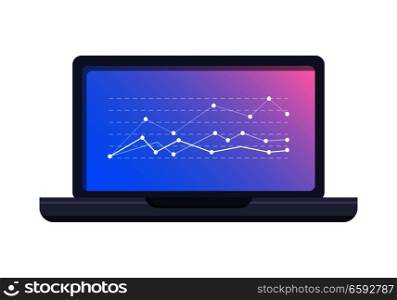 Stock exchange fluctuations peaks on laptop screen. Computer with statistics graph flat vector illustration isolated on white background. Mobile device for online trading and business presentation. Laptop Icon with Graphic on Screen Flat Vector 