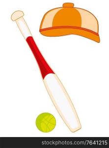 Stock for game of baseball on white background is insulated. Baseball bit with ball and headdress cap