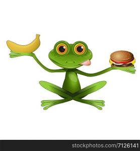 Stock Illustration Green Frog Chooses Food on a White Background