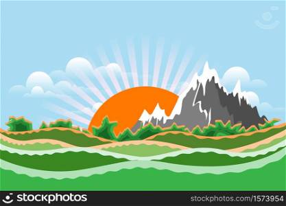 Stock Illustration Mountain Landscape on a Sunset Cloudy Sky Background