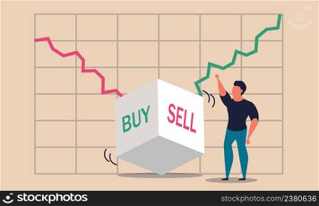 Stock invest and sell or buy betting dice. Choice exchange and risk uncertainty diagram vector illustration concept. Global strategy trading and investing money. Business chance bet and finance chart
