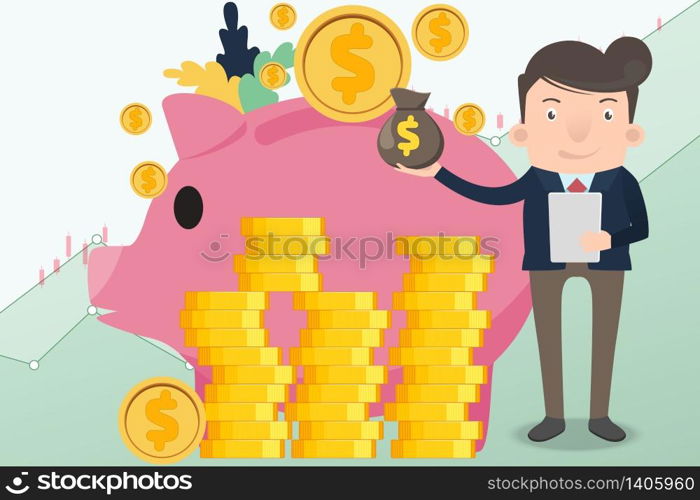 Stock investment take a profits concept. Marketing man doing activities various for investments and take a profits and trade with graph background. Stock investment concept vector illustration.