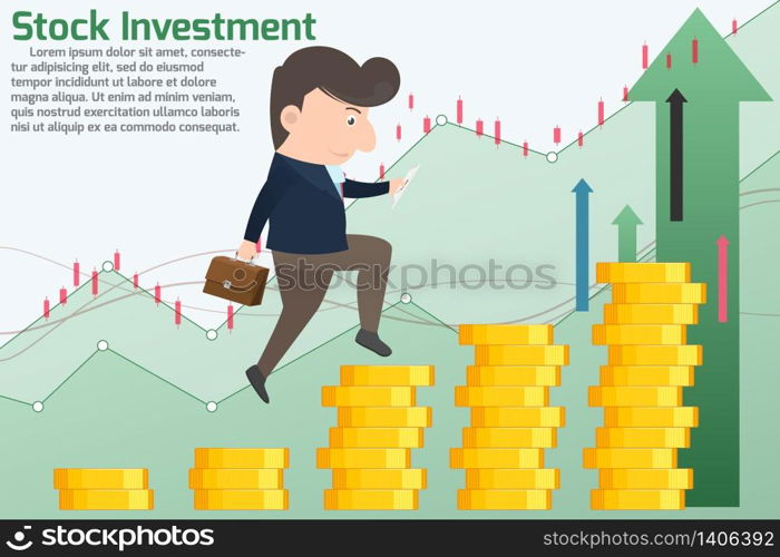 Stock investment take a profits concept. Marketing man doing activities various for investments and take a profits and trade with graph background. Stock investment concept vector illustration.