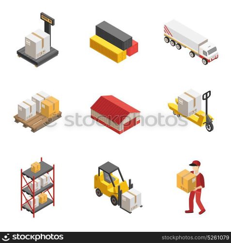 Stock Logistics Isometric Icon Set. Stock logistics isometric icon set with loaders warehouses and vehicles for delivery of cargoes vector illustration