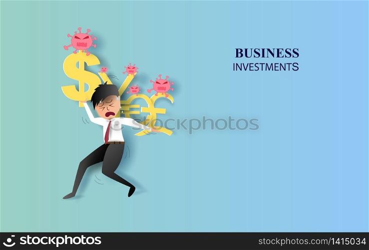 Stock market and exchange data concept.Cartoon character Businessman bearing currency.Impact effect of disease covid-19 coronavirus.World Health organization.Business banking banner concept