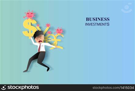 Stock market and exchange data concept.Cartoon character Businessman bearing currency.Impact effect of disease covid-19 coronavirus.World Health organization.Business banking banner concept