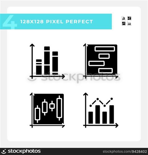 Stock market black glyph icons set on white space. Money charts. Investment strategy. Financial data. Trading company. Silhouette symbols. Solid pictogram pack. Vector isolated illustration. Stock market black glyph icons set on white space