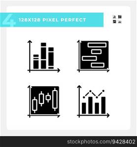 Stock market black glyph icons set on white space. Money charts. Investment strategy. Financial data. Trading company. Silhouette symbols. Solid pictogram pack. Vector isolated illustration. Stock market black glyph icons set on white space
