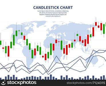 Stock market concept. Candle stick chart world map. Global financial marketing, exchange investment abstract forex vector concept. Profit data graph stock, finance chart candlestick illustration. Stock market concept. Candle stick chart world map. Global financial marketing, exchange investment abstract forex vector concept