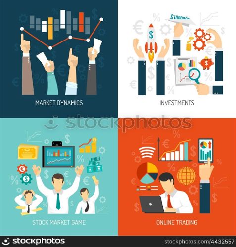 Stock Market Concept. Stock market concept with graphs diagrams analysis of price dynamics investments online trading isolated vector illustration