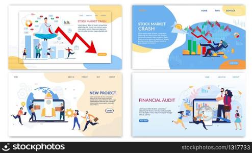 Stock Market Crash, Finance Audit and New Project Creation Design. Landing Page Flat Set. Business, Audit, Forex Trading. Passive Income, Investment. Accounting Financial Profit. Vector Illustration. Landing Page Set for Business, Audit, Stock Market