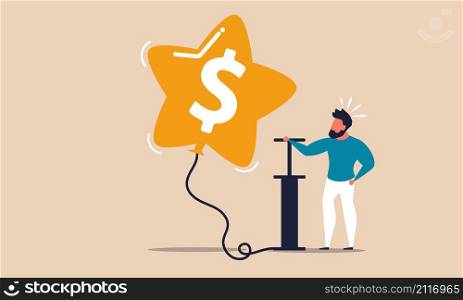 Stock market money and economic dollar investor. Man inflates a balloon with a pump boom. Speculation and recovery business earning vector illustration concept. Success word for wealth and growth.