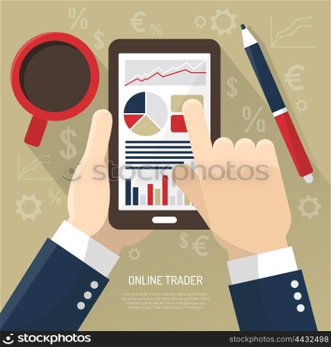 Stock Market On Smartphone. Stock market on smartphone with hands of trader cup of coffee stylus on beige background vector illustration