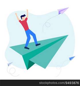 Stock market positive growth flat vector illustration. Successful young businessman standing on paper airplane symbol of development which means success in business.